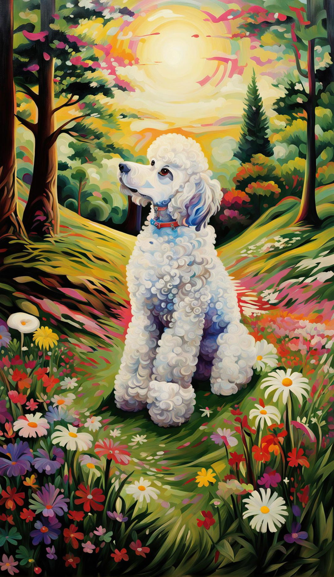 Surrealistic Impressionistic museum gallery painting of a white groomed poodle in a nature park landscape.