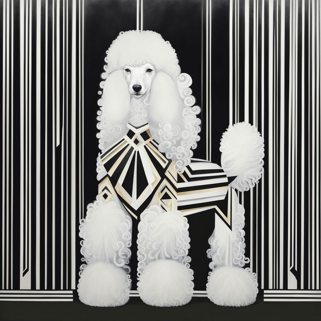 An Art Deco digital painting of a meticulously groomed white poodle, standing majestically against a backdrop of geometric patterns.