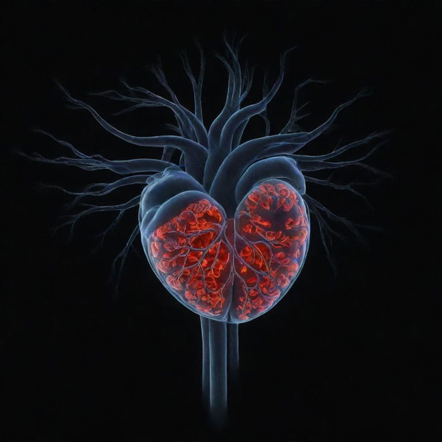 Visualize an abstract and symbolic representation of human physiology shrouded in darkness, highlighting elements like the heart, brain, and nervous system.