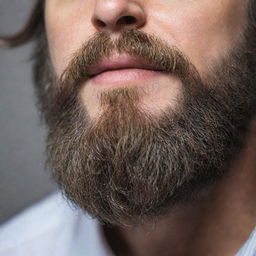 A detailed image of a full, well-groomed beard with strands of hair rich and healthy.