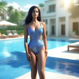 A 3D render of an attractive Indian woman standing near a swimming pool