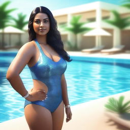 A 3D render of an attractive Indian woman standing near a swimming pool