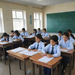 A bustling educational institution, 'S.P Classes', with classrooms for grades 1-12. Students are engrossed in learning a variety of subjects like Maths, Science, History, Political Science, Geography, Accountancy, Business, and Economics.