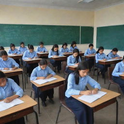 A bustling educational institution, 'S.P Classes', with classrooms for grades 1-12. Students are engrossed in learning a variety of subjects like Maths, Science, History, Political Science, Geography, Accountancy, Business, and Economics.