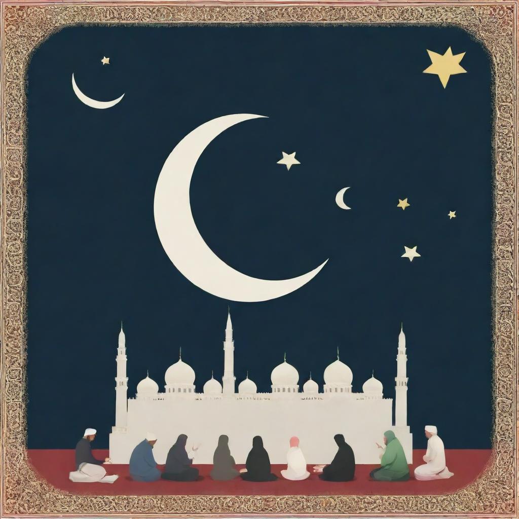 A visual representation of the Islamic religion, showing symbols like the crescent moon and star, mosques, Quran, prayer beads, and people praying.