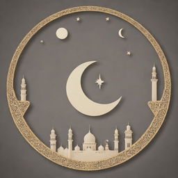 A visual representation of the Islamic religion, showing symbols like the crescent moon and star, mosques, Quran, prayer beads, and people praying.