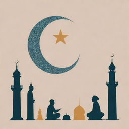 A visual representation of the Islamic religion, showing symbols like the crescent moon and star, mosques, Quran, prayer beads, and people praying.