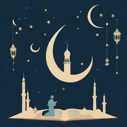 A visual representation of the Islamic religion, showing symbols like the crescent moon and star, mosques, Quran, prayer beads, and people praying.