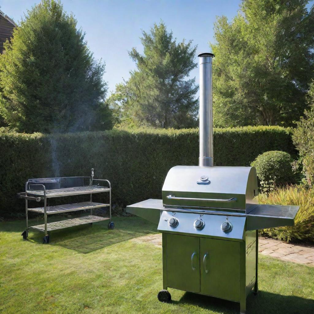 A shiny, stainless steel barbecue grill with a smoking chimney, placed in a lush backyard near a picnic table, under the clear blue sky.