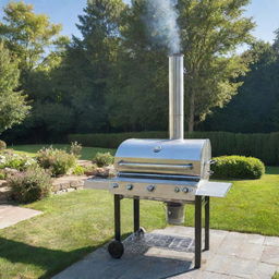 A shiny, stainless steel barbecue grill with a smoking chimney, placed in a lush backyard near a picnic table, under the clear blue sky.