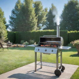 A shiny, stainless steel barbecue grill with a smoking chimney, placed in a lush backyard near a picnic table, under the clear blue sky.