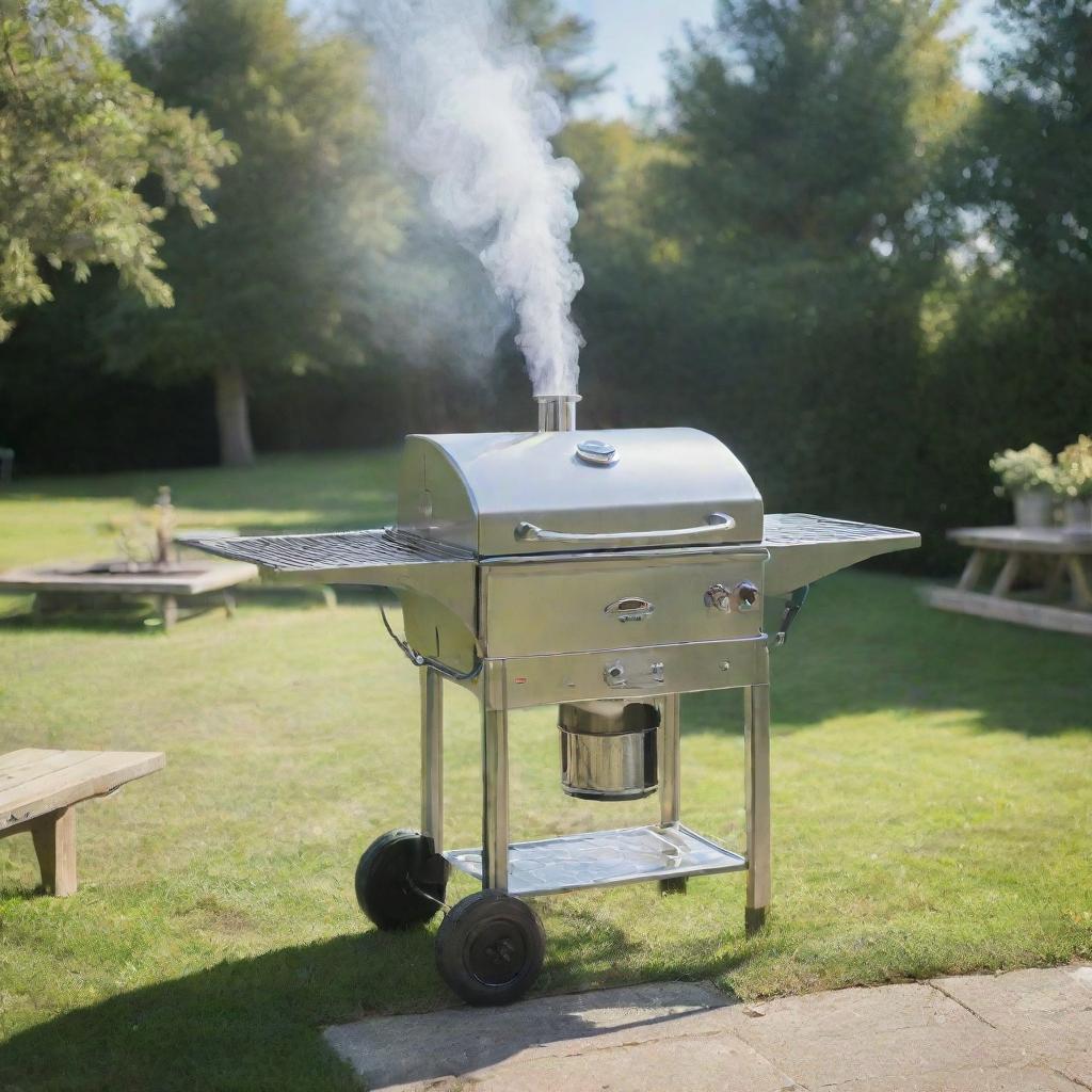 A shiny, stainless steel barbecue grill with a smoking chimney, placed in a lush backyard near a picnic table, under the clear blue sky.