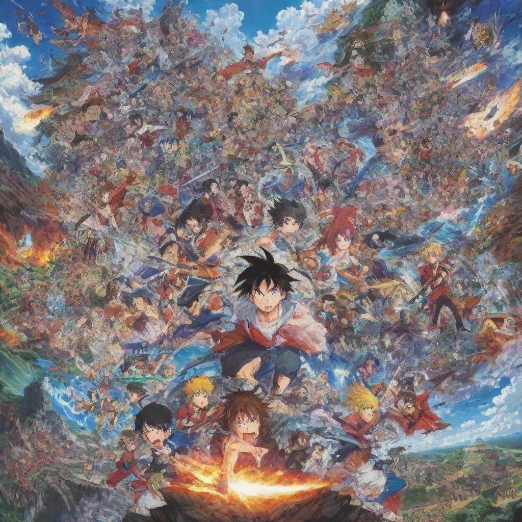 A montage of iconic anime scenes including spirited battles, serene landscapes and distinctive characters. Emphasize diverse art styles and expressive emotion common in anime.