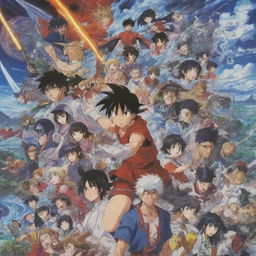 A montage of iconic anime scenes including spirited battles, serene landscapes and distinctive characters. Emphasize diverse art styles and expressive emotion common in anime.