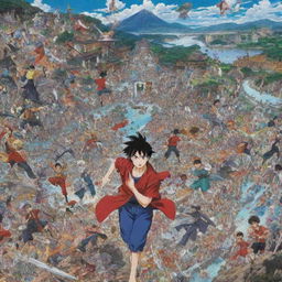 A montage of iconic anime scenes including spirited battles, serene landscapes and distinctive characters. Emphasize diverse art styles and expressive emotion common in anime.