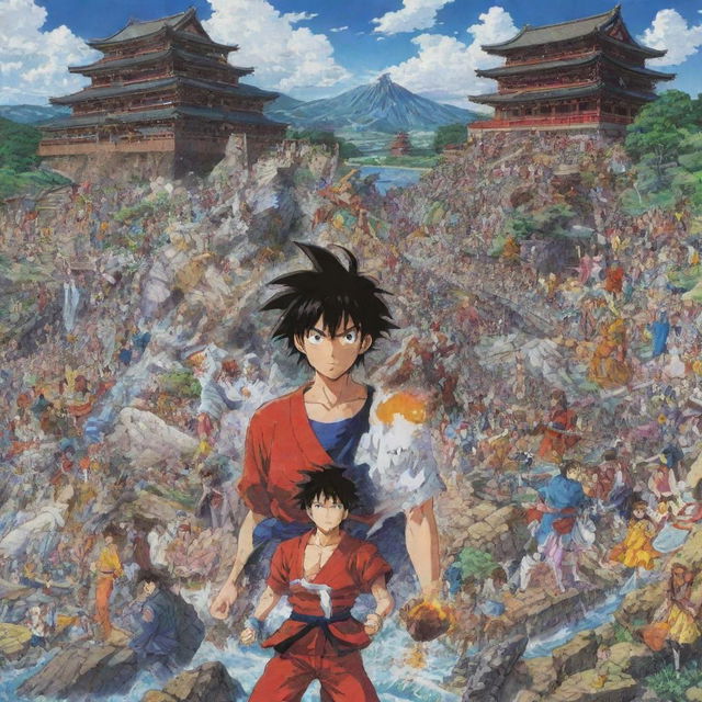 A montage of iconic anime scenes including spirited battles, serene landscapes and distinctive characters. Emphasize diverse art styles and expressive emotion common in anime.