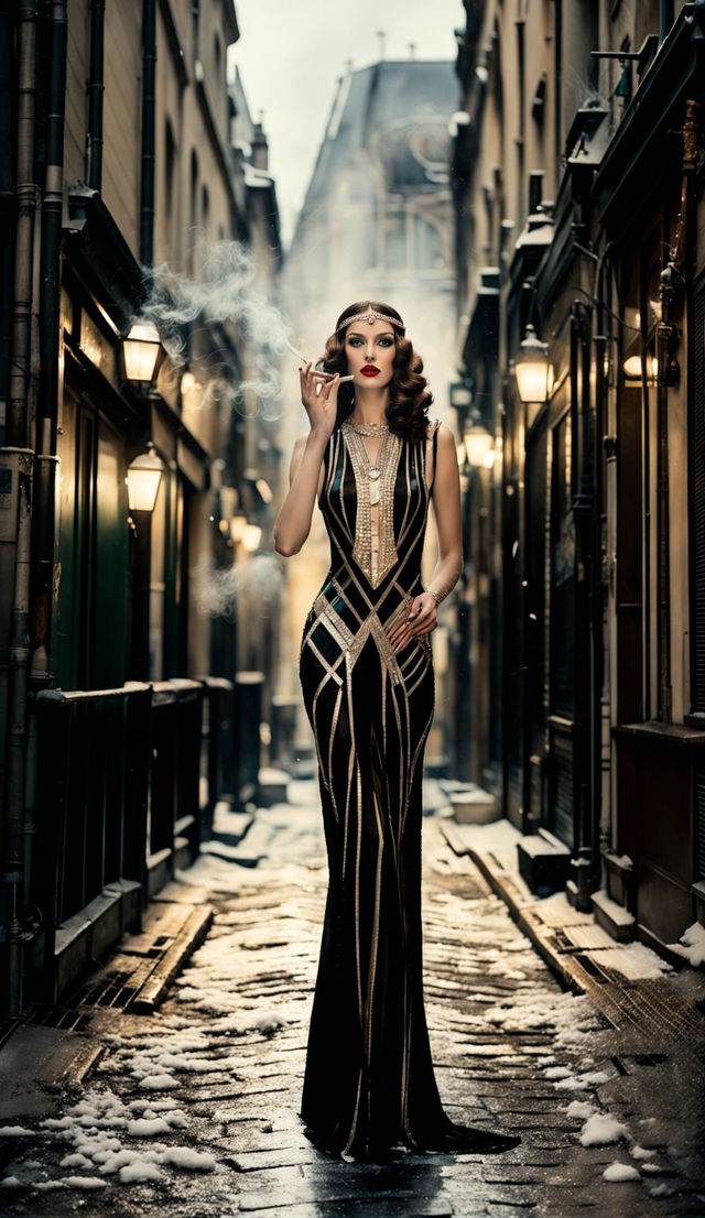 Modern Art Deco styled artwork of a beautiful French woman exhaling cigarette smoke in an alley during winter in Paris. She's wearing red lipstick and a black velvet dress with geometric patterns.