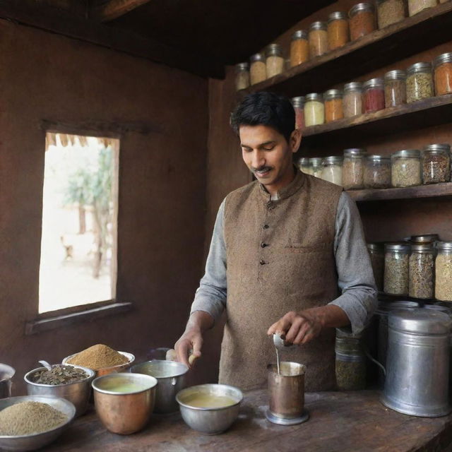 A Chai wala, or tea vendor, from India, standing in his rustic little stall filled with a variety of native tea ingredients, pouring a cup of hot, steaming chai.