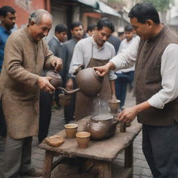 A street vendor passionately pouring tea from an antique kettle into earthen mugs, with people from diverse cultures and backgrounds eagerly waiting to taste his tea around the world.