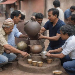 A street vendor passionately pouring tea from an antique kettle into earthen mugs, with people from diverse cultures and backgrounds eagerly waiting to taste his tea around the world.