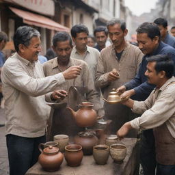 A street vendor passionately pouring tea from an antique kettle into earthen mugs, with people from diverse cultures and backgrounds eagerly waiting to taste his tea around the world.