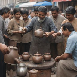 A street vendor passionately pouring tea from an antique kettle into earthen mugs, with people from diverse cultures and backgrounds eagerly waiting to taste his tea around the world.