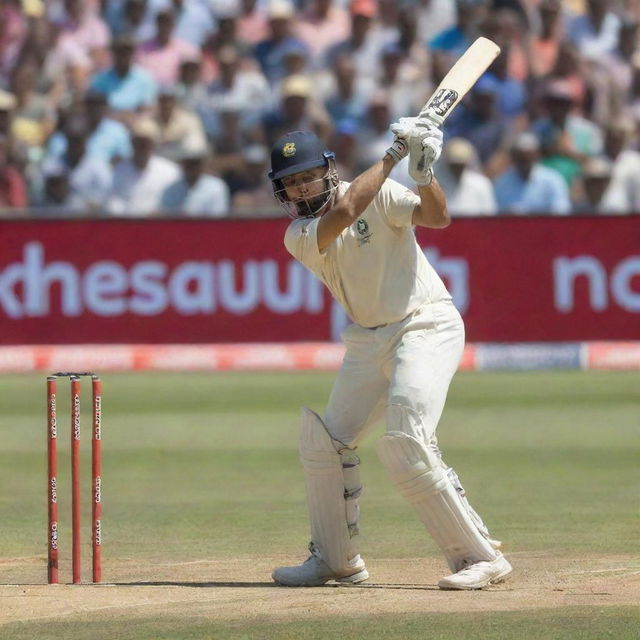 A cricket player on a vibrant ground, mid-swing, hitting a ball with a bat. The stadium is packed with an enthusiastic crowd.