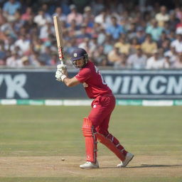 A cricket player on a vibrant ground, mid-swing, hitting a ball with a bat. The stadium is packed with an enthusiastic crowd.