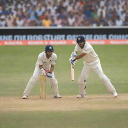 A cricket player on a vibrant ground, mid-swing, hitting a ball with a bat. The stadium is packed with an enthusiastic crowd.