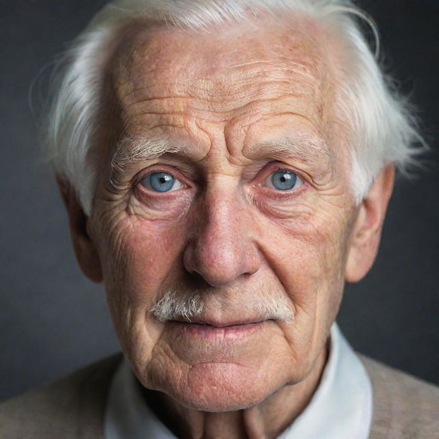 A detailed portrait of an elderly man with expressive eyes, full of wisdom and life's experiences. He has white hair, a wrinkled complexion, and a slight smile on his face.