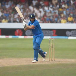 A cricket player on a vibrant ground, mid-swing, hitting a ball with a bat. The stadium is packed with an enthusiastic crowd.