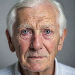 A detailed portrait of an elderly man with expressive eyes, full of wisdom and life's experiences. He has white hair, a wrinkled complexion, and a slight smile on his face.