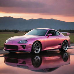 A sleek and shiny Toyota Supra in a dramatic sunset setting, reflecting the orange and pink hues.