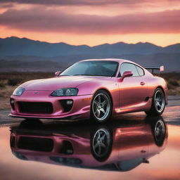 A sleek and shiny Toyota Supra in a dramatic sunset setting, reflecting the orange and pink hues.