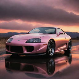 A sleek and shiny Toyota Supra in a dramatic sunset setting, reflecting the orange and pink hues.