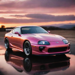 A sleek and shiny Toyota Supra in a dramatic sunset setting, reflecting the orange and pink hues.