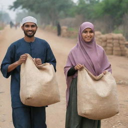 A man and a woman wearing hijab carrying sacks of rice.