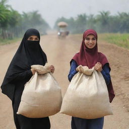 A man and a woman wearing hijab carrying sacks of rice.