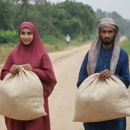 A man and a woman wearing hijab carrying sacks of rice.