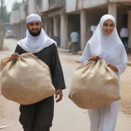 A man and a woman wearing hijab carrying sacks of rice.