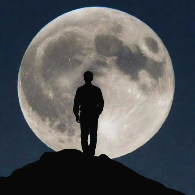 A serene image of a man's silhouette beautifully embedded within a full moon, creating a whimsical illusion of a man in the moon