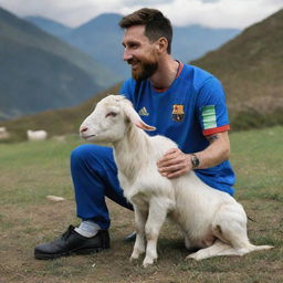 A wholesome illustration of Lionel Messi with a friendly goat in a tranquil setting.