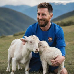 A wholesome illustration of Lionel Messi with a friendly goat in a tranquil setting.