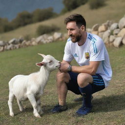 A wholesome illustration of Lionel Messi with a friendly goat in a tranquil setting.