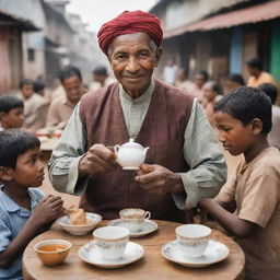 A selfless man serving tea to people around the world, depicted in various cultural contexts.