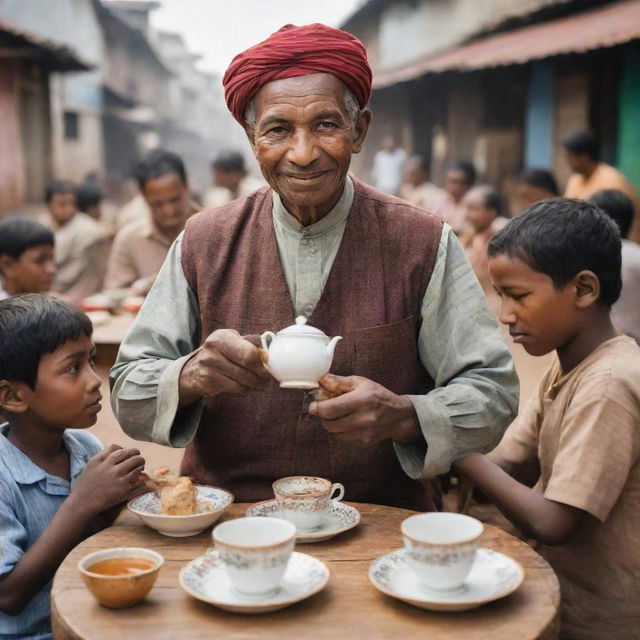 A selfless man serving tea to people around the world, depicted in various cultural contexts.