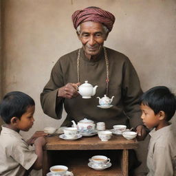 A selfless man serving tea to people around the world, depicted in various cultural contexts.