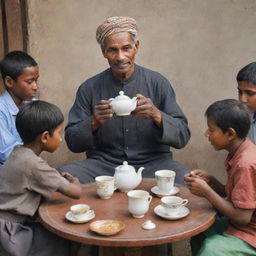 A selfless man serving tea to people around the world, depicted in various cultural contexts.