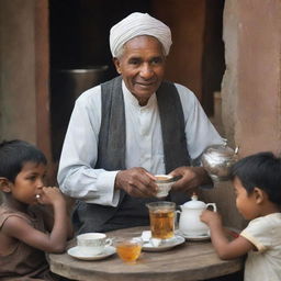 A selfless man serving tea to people around the world, depicted in various cultural contexts.