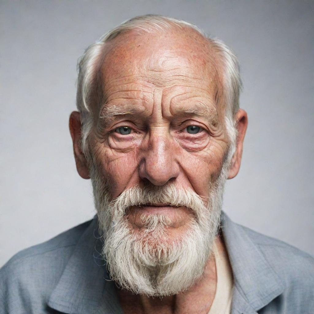 An old man is seen, with wrinkles mapping his face. He sports a white beard, a wise gaze, and carries an air of profound wisdom. He's clad in simple clothes, mirroring his humble lifestyle.